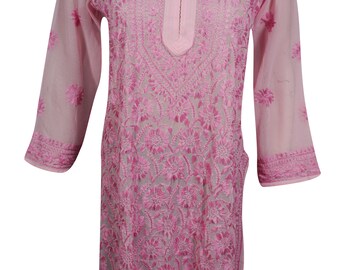 Beautiful Pink Floral Hand Embroidered Tunic Long Sleeves Beach Cover Up Ethnic Indian Kurti Kurta Georgette Sheer Summer Dresses S/M