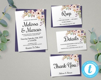 Floral Bohemian Wedding Invitation Template Set RSVP