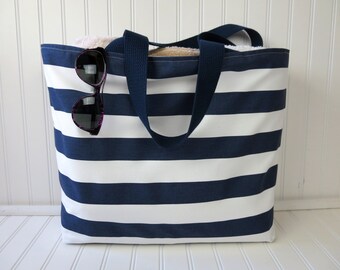 Striped Beach Bag -Travel Gift - Large Beach Bag - Waterproof Beach Bag - Beach Bag with Zipper - Pool Bag