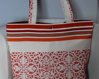 Tote bag red/orange/brown/white upholstery fabric