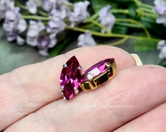 Fuchsia Pink, Vintage Swarovski 15x7mm Navette, With Sew On Setting, Crystal Settings, Rhinestone in Settings, Hot Pink Fuchsia with Setting