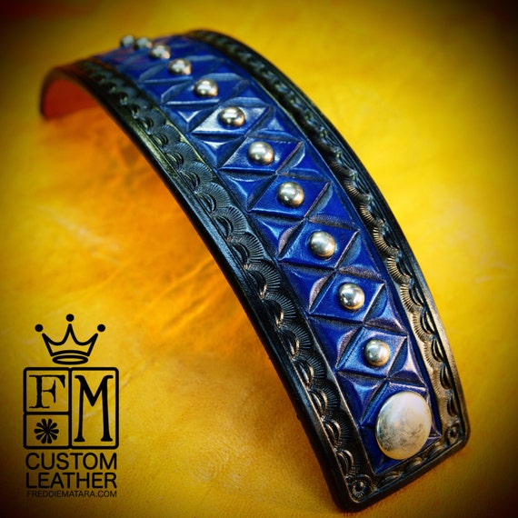 Leather cuff bracelet- American Cowboy King Black and Blue Handcrafted for YOU in USA by Freddie Matara
