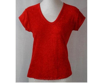 Size 8 Red Velour 70s Summer Shirt - 1970s Sportswear - Short Sleeved Top - Cute Retro Beachy Pin-Up Girl - V Neck - Bust 35 - 37007-1
