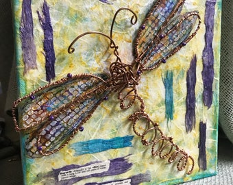 Copper Dancer - 8 x 8 inch mixed media gallery wrapped canvas copper dragonfly