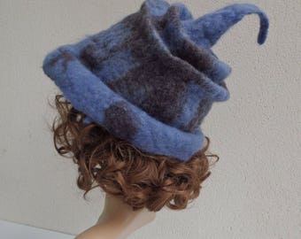 Natural blue hand felted wool hat