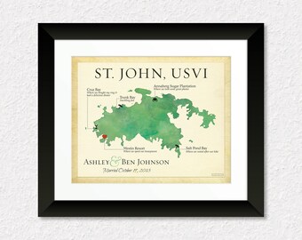 St. John USVI Map Print, Map of St. John USVI, Anniversary Gift, Gift for Spouse, Wedding Gift, Travel Gift Idea, Cruise Keepsake