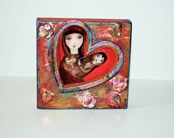 Mother of Tenderness - Mixed Media Milagro Madonna - Retablo- Wall Art - Folk Art by FLOR LARIOS