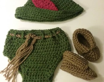 Crochet Green Peter Pan 3 pieceNewborn set. Photo prop.