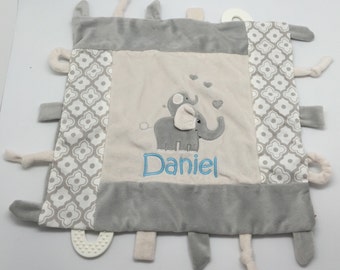 Personalized baby boy taggy blanket, monogram baby gift, gray grey elephant, custom baby gift, teething blanket, baby toy, boy gift