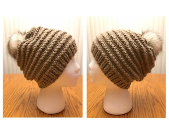 Knitted Hat With Faux Fur Pom