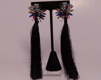 Black fringe earrings with colorful pieces