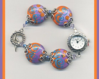 Handmade Orange, Turquoise & Purple Lentil Bead Bracelet Watch