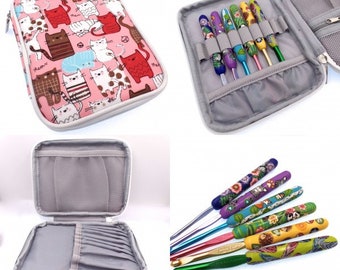 Large Crochet Hook Case with Set of 6 Susan Bates Crochet Hooks, Handmade with Polymer Clay, Cats, Animals