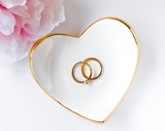 Heart Ring Dish in White and Gold - Ring Holder, Bridesmaid Gift, Wedding Favor, Sweet 16, Mother's Day