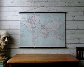 World Map 1915 / Vintage Pull Down School Map Reproduction / Canvas Fabric Print / Oak Wood Hanger and Brass Hardware / Wall Hanging
