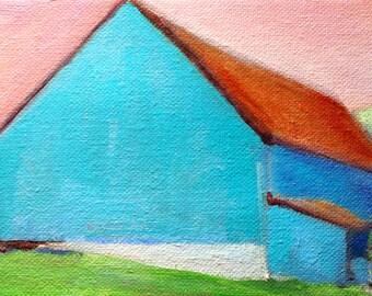 Print of Original Oil Daily Painting Turquoise Blue Barn