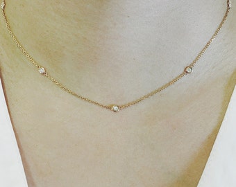 Diamond Necklace, Natural Diamond Bezel Set Necklace Diamond by Yard 5 Bezel, 7 Bezel Diamond Necklace Minimalist Necklace Station Necklace