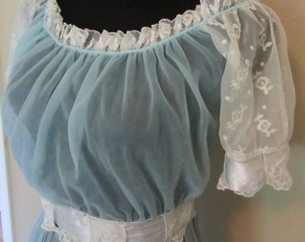 Vintage 50s Aqua Negligee Sheer Nylon Embroidered Poufy Sleeves Pleated S Small M Medium