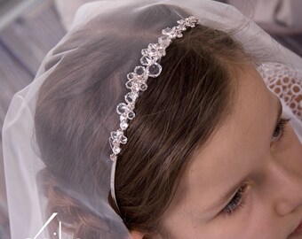 communion or wedding veil and tiara with cristals in white or ivory