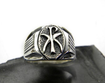 sterling silver men's ring Chi Rho symbol Christogram handmade heavy ring size 10, pre christian monogram jewelry for men