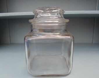 Vintage 1960s Clear Glass Canister Jar With Lid Square Apothecary Small Size Storage Kitchen Craft Room