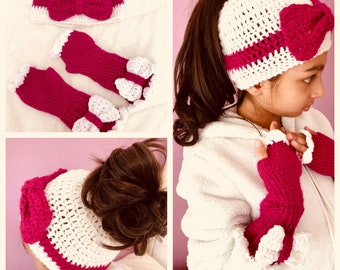 Beautiful Girl's Bun Hat & Bow Gloves