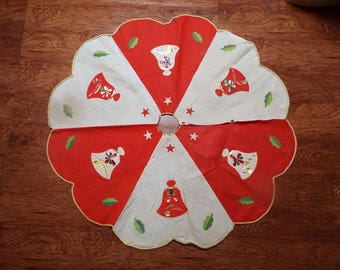Mid Century Felt Foil Large Christmas Tree Skirt Applique Gold Rick Rack Bells Stars 50s Tree Skirt Table Top