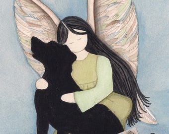 Black lab (Labrador Retriever) with angel / Lynch signed folk art print