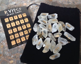 Rune Stones - Natural Quartz Point Crystal Divination Runes with Pouch and Symbol Sheet, Elder Futhark Runes, Hand Engraved and Painted