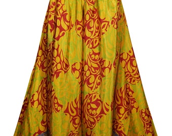 Yellow/Green Flare Divided Skirt Printed High Waist Wide Leg Vintage Recycled Silk Split Maxi Skirts