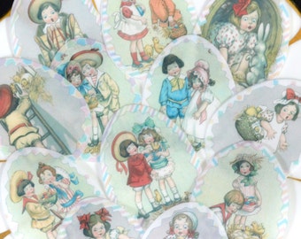 Edible Easter Children Decorated Eggs x 12 Wafer Paper Spring Cake Decorations Vintage Child Egg Cupcake Toppers Sherbet Rainbow Cookies RTD