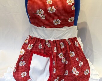 Retro Vintage 50s Style Full Apron / Pinny - Red (Daisies) with White Trim