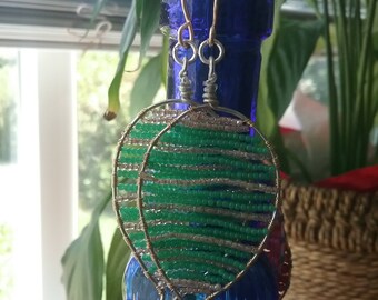 Hand Beaded Leaf Frame Green and Gold Earrings