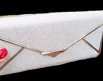 New Metallic White Hard Shell Evening Clutch Evening Handbag With Gold Trim