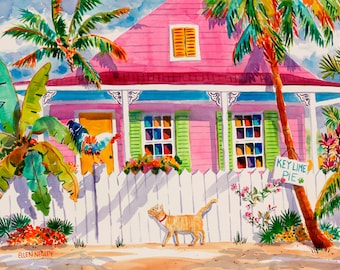 Chicken Art, Key West, Chicken Painting, Palm Tree Painting, Rooster Print, Cat Painting, Tropical Art, Watercolor Print, Colorful Painting
