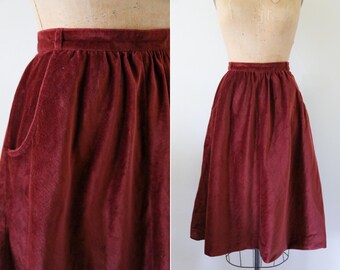 Vintage Cotton Crimson High Waisted Midi Skirt // Soft Corduroy Maroon Skirt