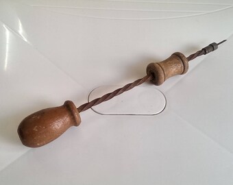 Vintage Iron Drill for Wood, Old Primitive Tool for Drilling Holes, Rusty Iron Woodworking Drill from 1950s