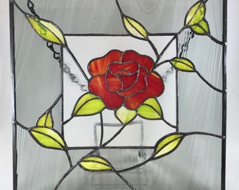 Red Rose and Green Leaves With Grey Boarder Stained Glass Window Panel Sun Catcher 9 1/2" x 9 1/2"