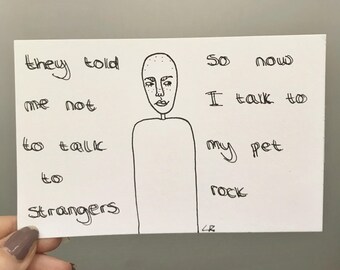 they told not to talk to strangers || Original Hand Drawn Postcard Cartoon