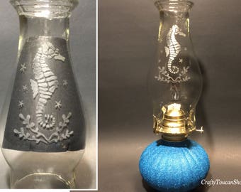 Seahorse Lamp, Oil Lamp, Hurricane Lantern, Decorative Lighting, Glass Chimney, Seahorse Lights, Etched Glass, Oil Burner Lamp, Nautical