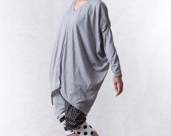 NO.156 Light Gray Green Cotton-Blend Jersey Unusual Sleeves Top, V-Neck T-Shirt