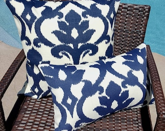 IKAT Richloom Solarium Basalto Navy Blue Ivory Decorative Outdoor Pillow Cover 16x16 18x18 20x20 22x22 16x12,18x12 more sizes with Zipper