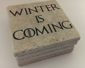 Winter is Coming Game Of Thrones Natural Travertine Tile Tumbled Stone Table Coasters Set of 4 with Full Cork Bottom