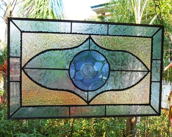 Vintage Mexican Fortecrisa Plate, Antique Stained Glass Transom Window, Stained Glass Valance, Cobalt Blue & Iridescent Window Treatment