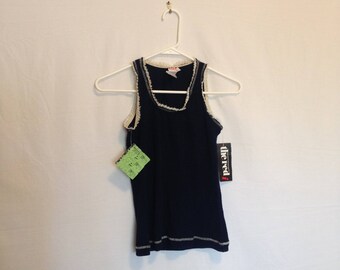 Vintage 1970s Deadstock Navy Blue and White Lace Stretch Tank Top M-L