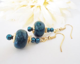 Green Jasper Earrings, Beaded Dangle Earrings, Boho Jewelry, Teal Earrings, Bohemian Earrings, Fall Wedding Jewelry Bridesmaid Gift for Her