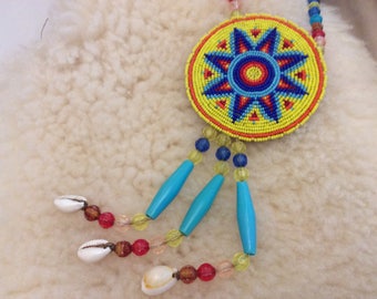 Vintage hippie necklace pendant beaded shells funky large talisman festival
