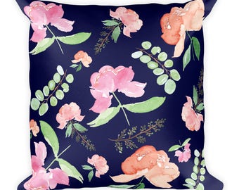 Square Pillow "Springtime" Peony in Navy Blue