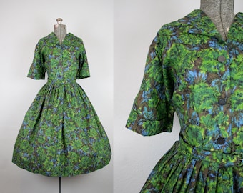 1950's Green Rose Print Cotton Shirtwaist Day Dress / Size XXLarge Volup