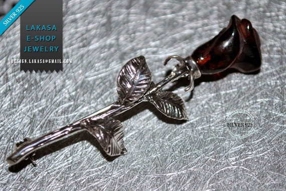 A Rose for her... Baltic Amber Sterling Silver 925 Brooch Classic Romantic Style Woman Day Mother Love and Friendship Appreciation Beauty